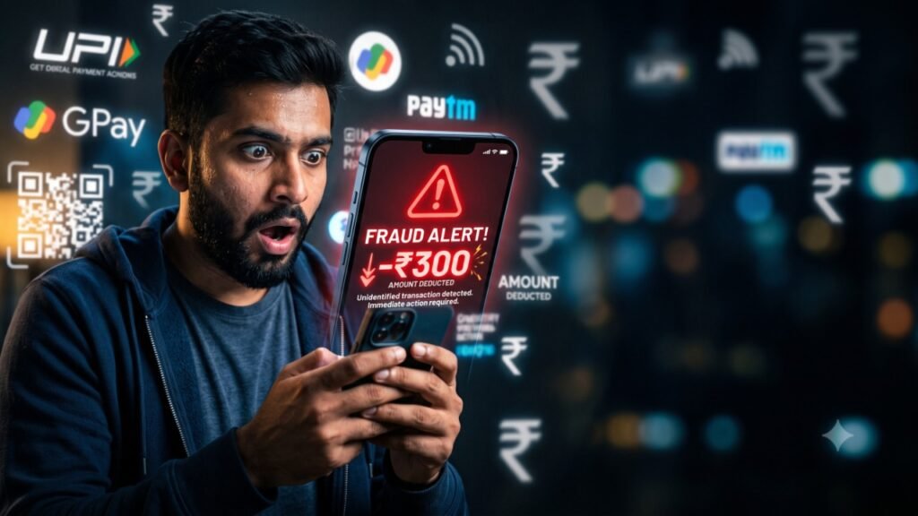 A shocked Indian man looking at a smartphone screen showing a red ₹300 fraud alert deduction, surrounded by blurred digital payment icons.