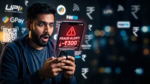 A shocked Indian man looking at a smartphone screen showing a red ₹300 fraud alert deduction, surrounded by blurred digital payment icons.