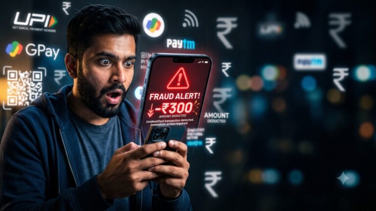 A shocked Indian man looking at a smartphone screen showing a red ₹300 fraud alert deduction, surrounded by blurred digital payment icons.