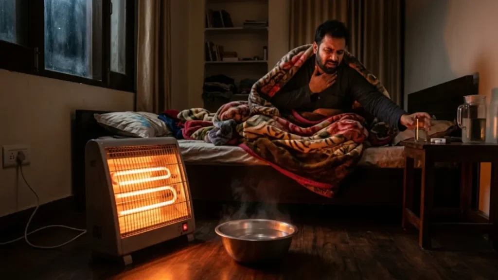 रूम हीटर के नुकसान sleeping with room heater blower on in closed room causes dehydration carbon monoxide and thermal shock