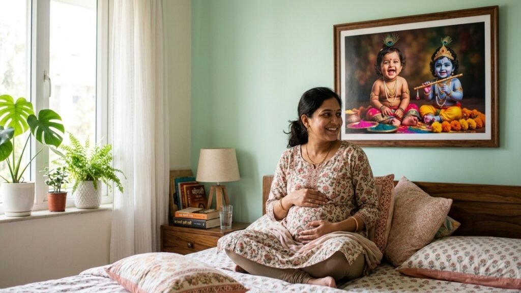 प्रेगनेंसी में कमरे में बच्चे की फोटो pregnant woman looking at smiling baby and bal krishna photo for garbh sanskar