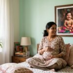 प्रेगनेंसी में कमरे में बच्चे की फोटो pregnant woman looking at smiling baby and bal krishna photo for garbh sanskar