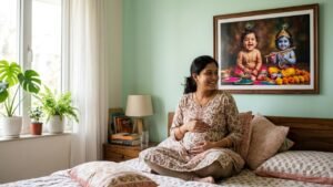 प्रेगनेंसी में कमरे में बच्चे की फोटो pregnant woman looking at smiling baby and bal krishna photo for garbh sanskar
