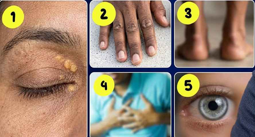हाई कोलेस्ट्रॉल High cholesterol warning signs yellow patches around eyes and leg pain Caption: आंखों के पास पीले निशान और चलने पर पिंडलियों में दर्द होना शरीर में हाई कोलेस्ट्रॉल बढ़ने का गंभीर संकेत हो सकता है।